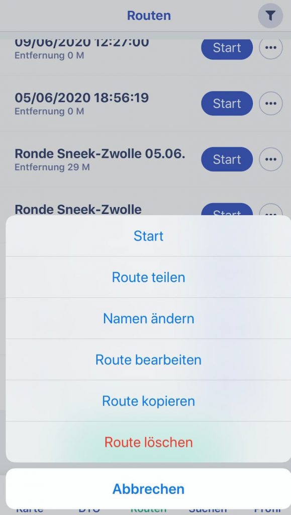 Routenmenü in der Wasserkarten-App: Start, Route teilen, Namen ändern, Route bearbeiten, Route kopieren, Route löschen