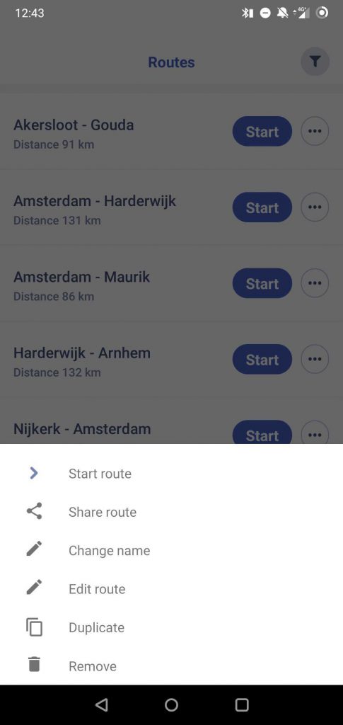 The route menu on the Android version of the Nautical Maps app