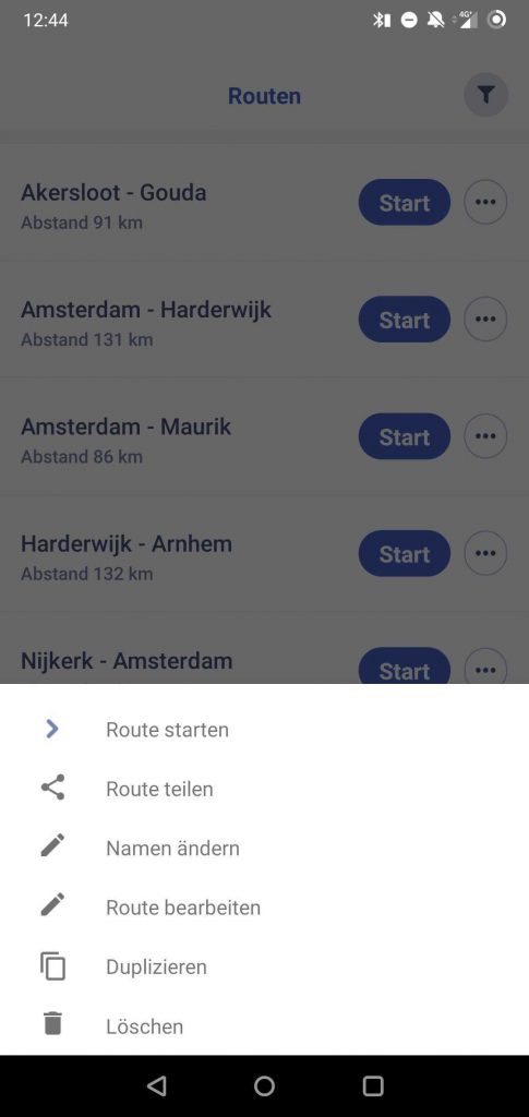 So sieht das Routenmenü in der Wasserkarten-App für Android aus