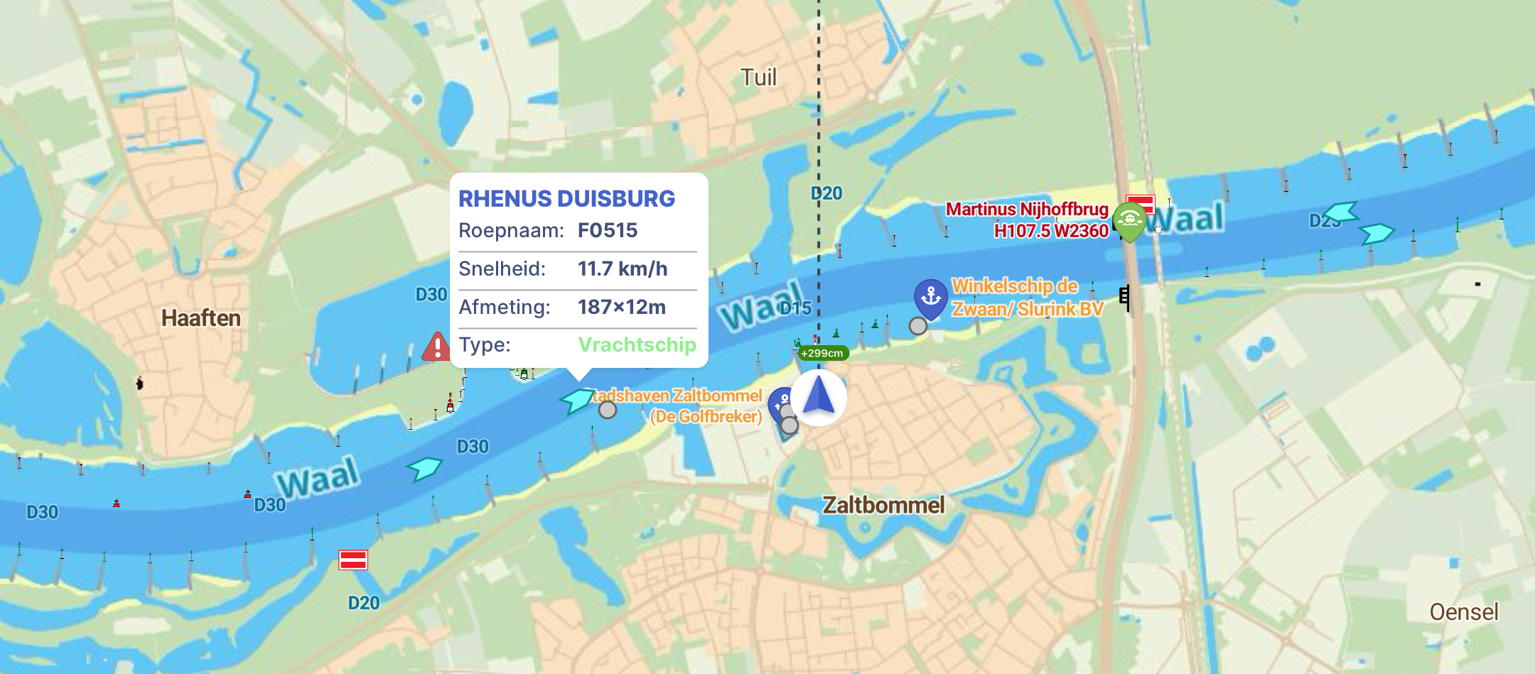 AIS in de Waterkaarten-app, op de Waal bij Zaltbommel.
